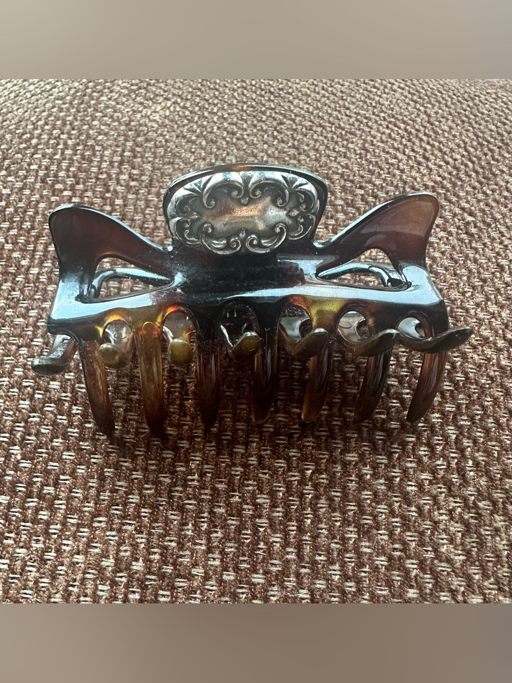 Vintage Modele Depose Hair Claw Clip Made in Fence silver emblem Tortoise plast